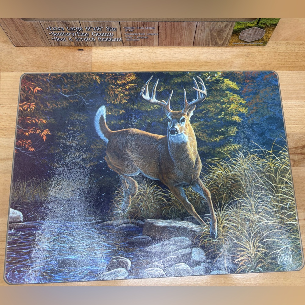 Running Buck Tempered Glass Cutting Board 12”x16”. Whitetail Deer Hunting.